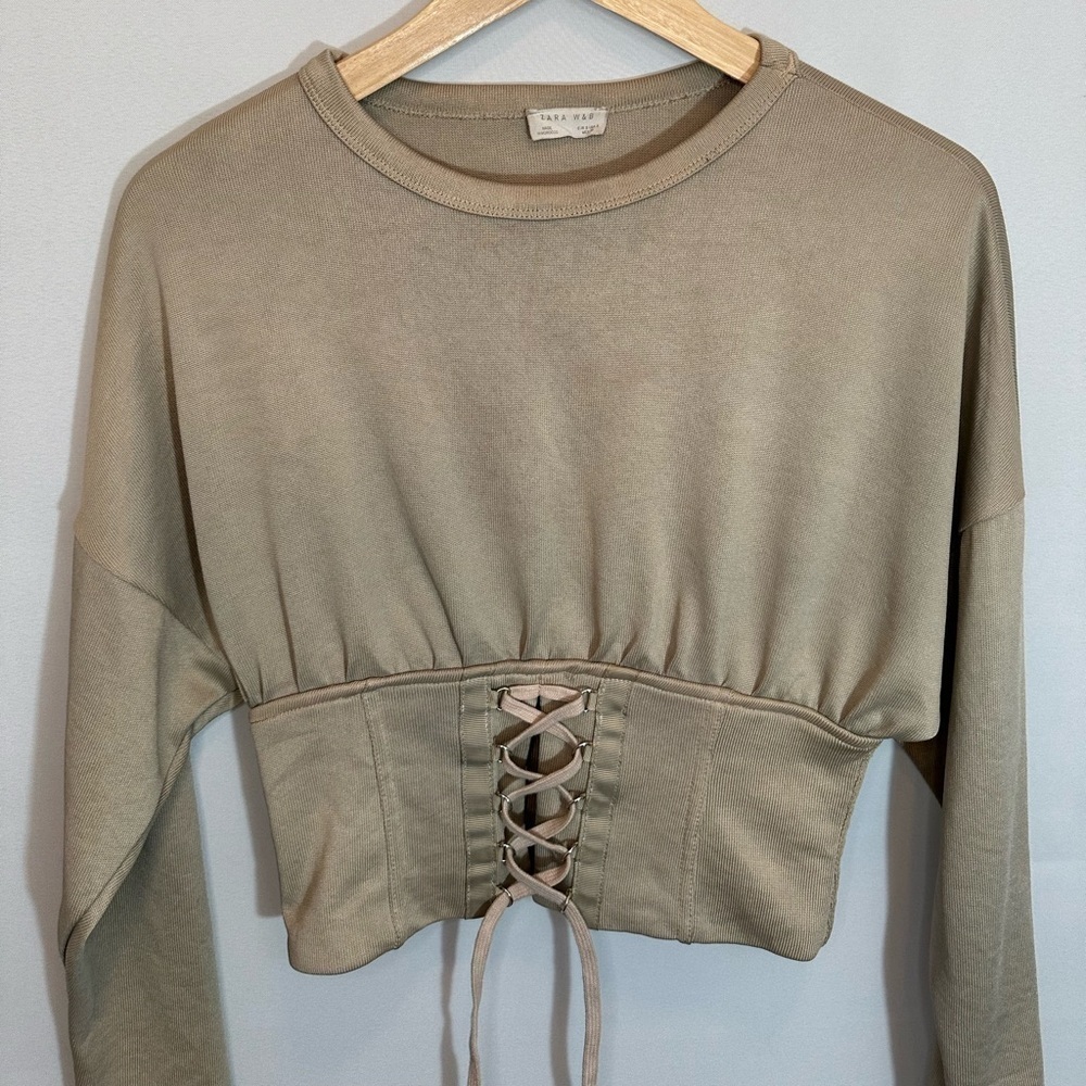 Zara Corset Womens Size 8 Top Blouse Long Sleeve Lace Up Tan Heavy Fabric